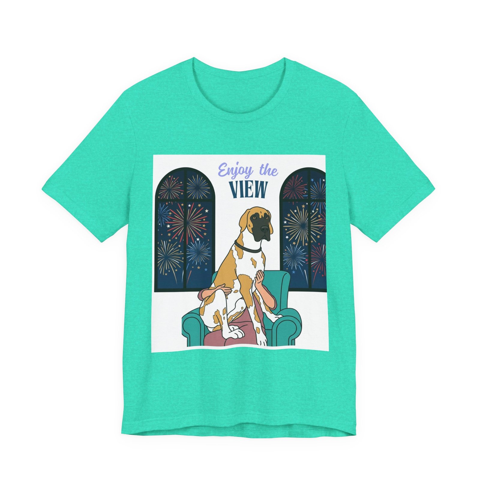 Fawnequin Great Dane Enjoy the View T-Shirt — Dog Watching Fireworks Graphic Tee - Image 36