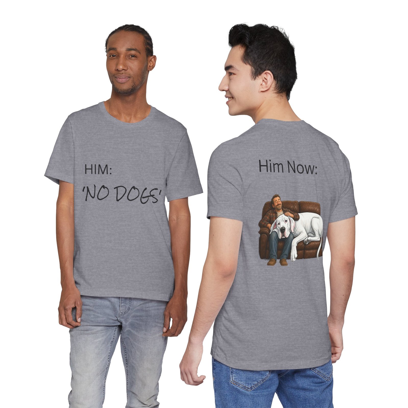 White Great Dane T-Shirt — "NO DOGS" Script Front with Man and Dog on Couch Graphic - Image 56