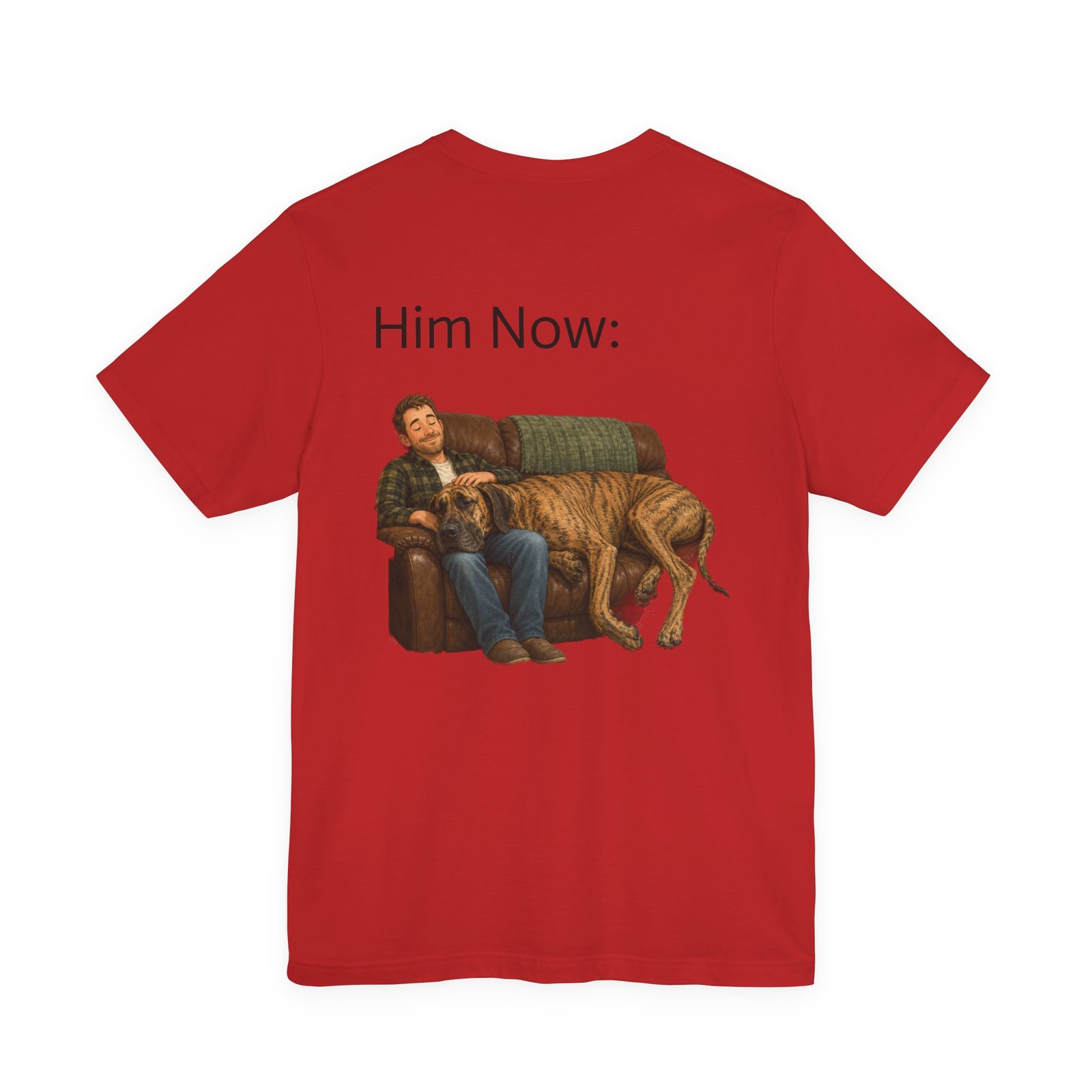 Brindle Great Dane T-Shirt — "NO DOGS" Script Front with Man and Dog on Couch Graphic - Image 57