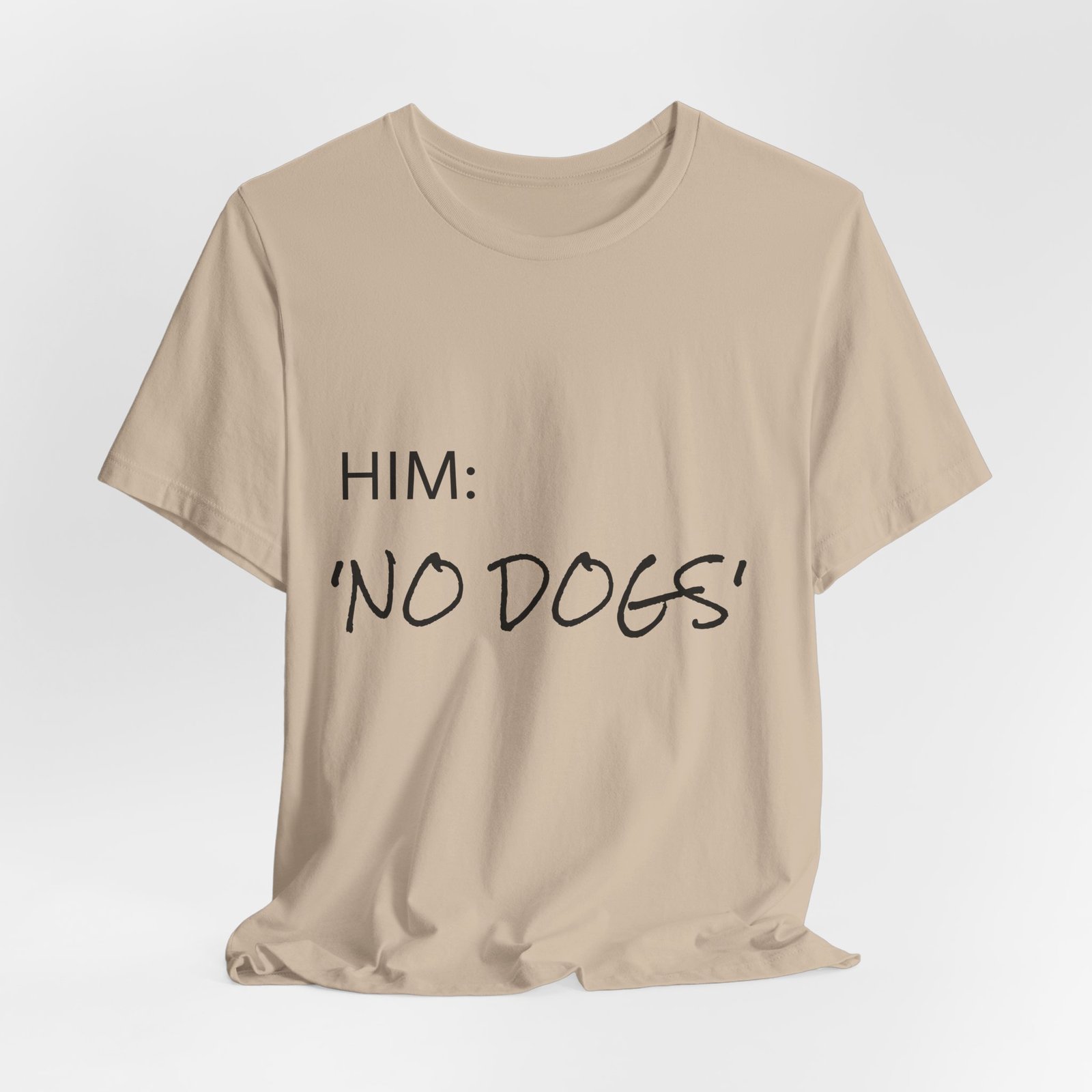 White Great Dane T-Shirt — "NO DOGS" Script Front with Man and Dog on Couch Graphic - Image 60