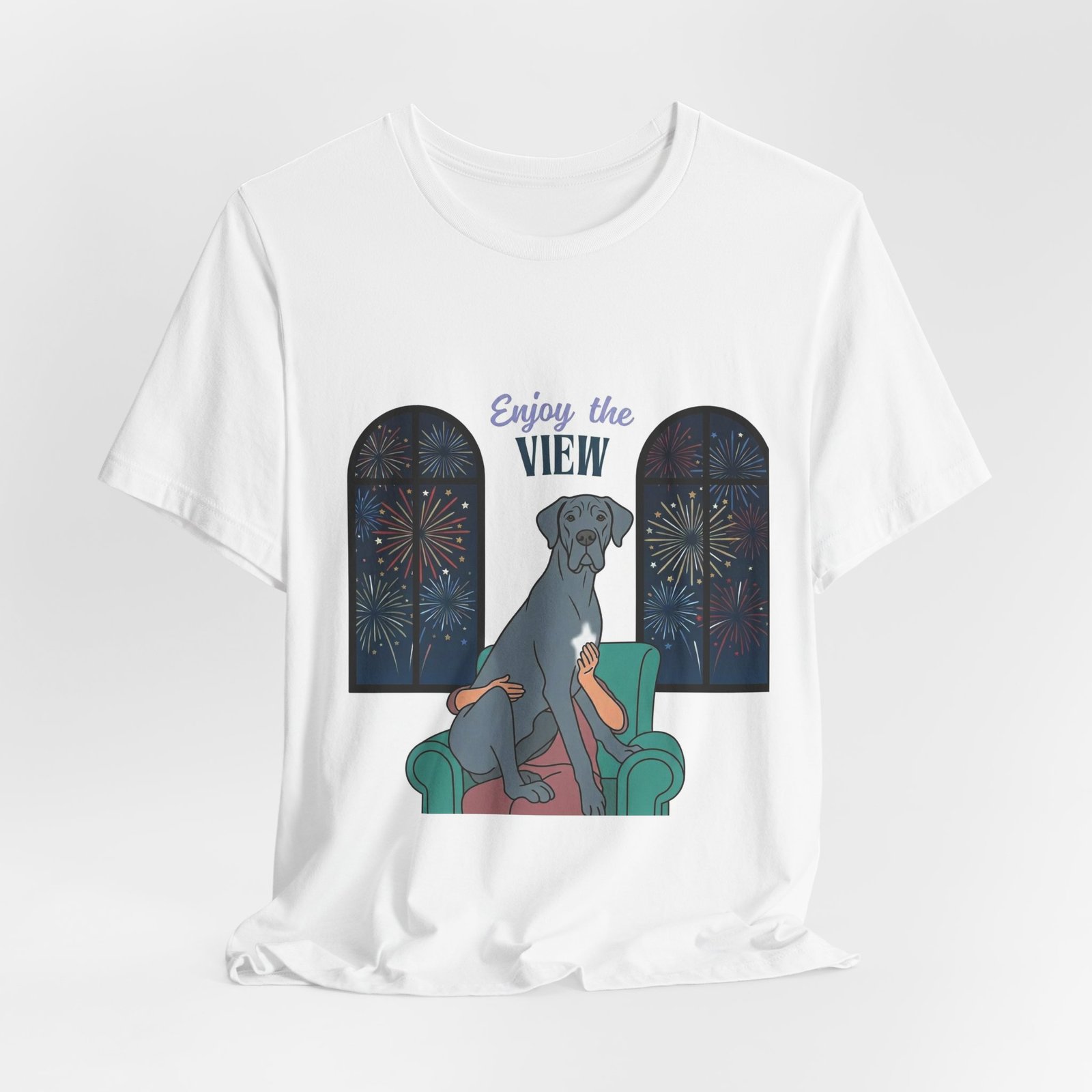Blue with white chest marking Great Dane Enjoy the View T-Shirt — Dog Watching Fireworks Graphic Tee - Image 20