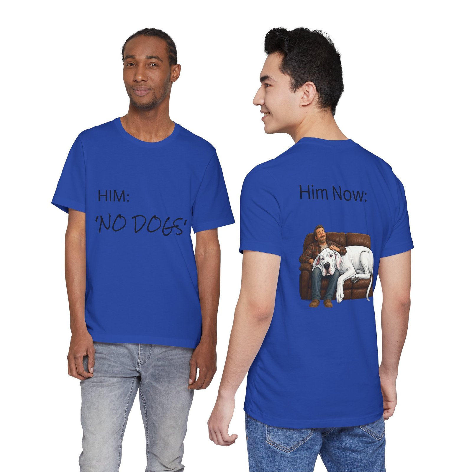 White Great Dane T-Shirt — "NO DOGS" Script Front with Man and Dog on Couch Graphic - Image 31