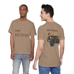Blue Great Dane T-Shirt — "NO DOGS" Script Front with Man and Dog on Couch Graphic