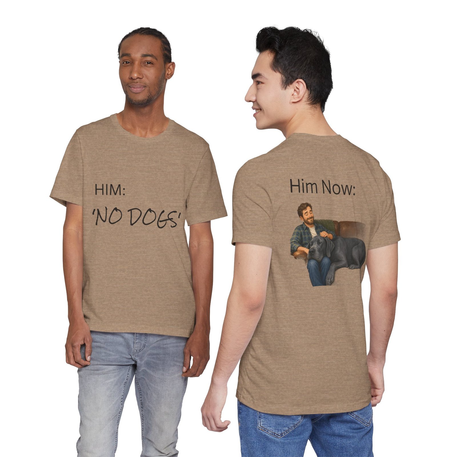 Blue Great Dane T-Shirt — "NO DOGS" Script Front with Man and Dog on Couch Graphic