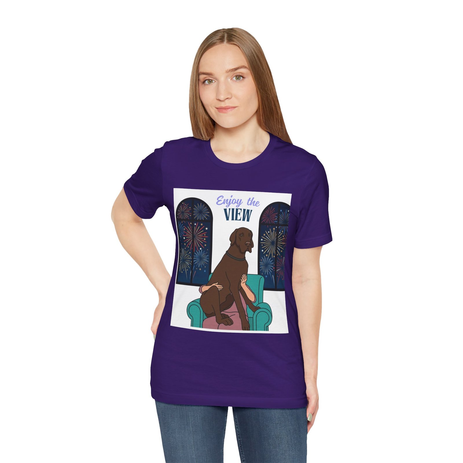 Chocolate Great Dane Enjoy the View T-Shirt — Dog Watching Fireworks Graphic Tee - Image 50