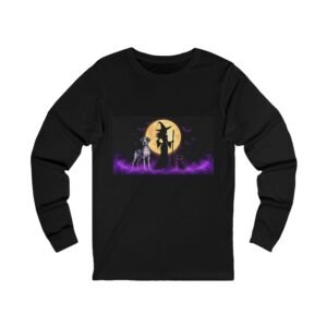 Black & Blue Merlequin Great Dane, Black Cat, Beautiful Witch Silhouette Moon Long Sleeve Tee — Halloween Purple Flame Design