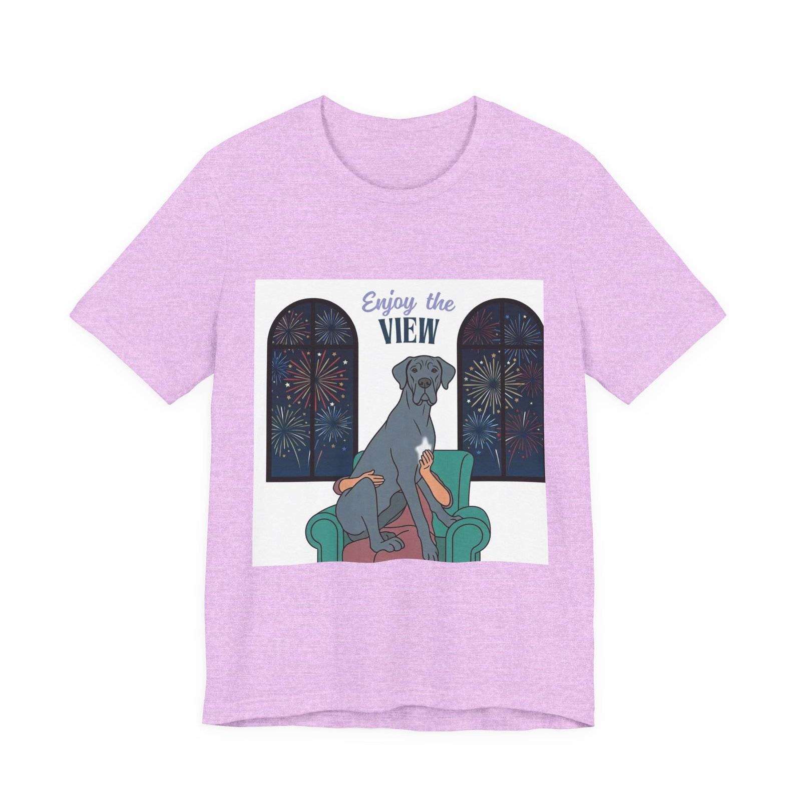 Blue with white chest marking Great Dane Enjoy the View T-Shirt — Dog Watching Fireworks Graphic Tee - Image 51