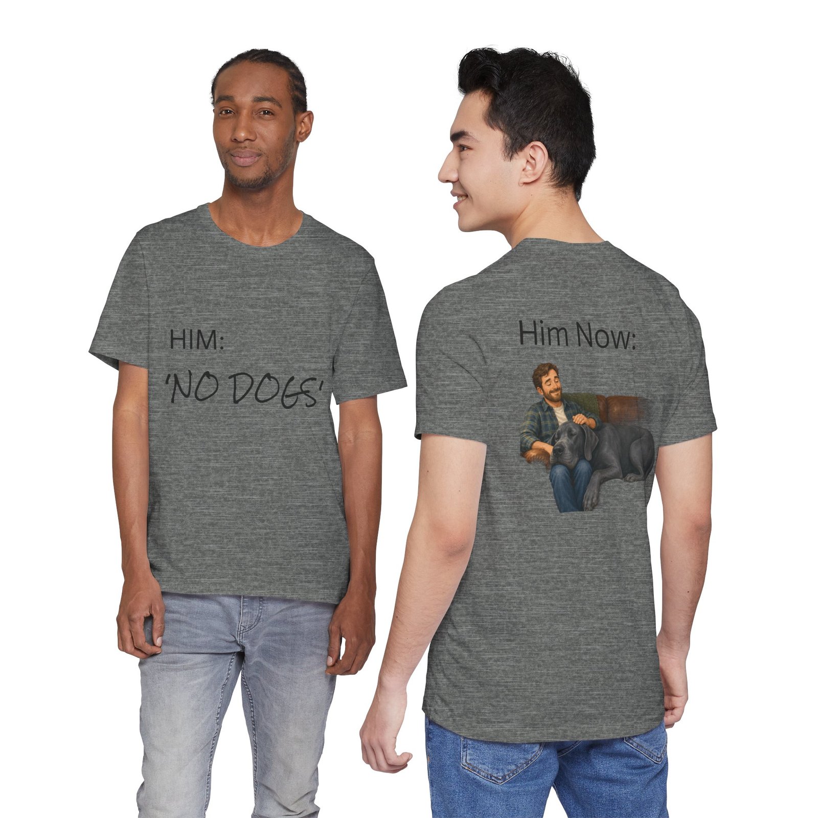 Blue Great Dane T-Shirt — "NO DOGS" Script Front with Man and Dog on Couch Graphic - Image 15