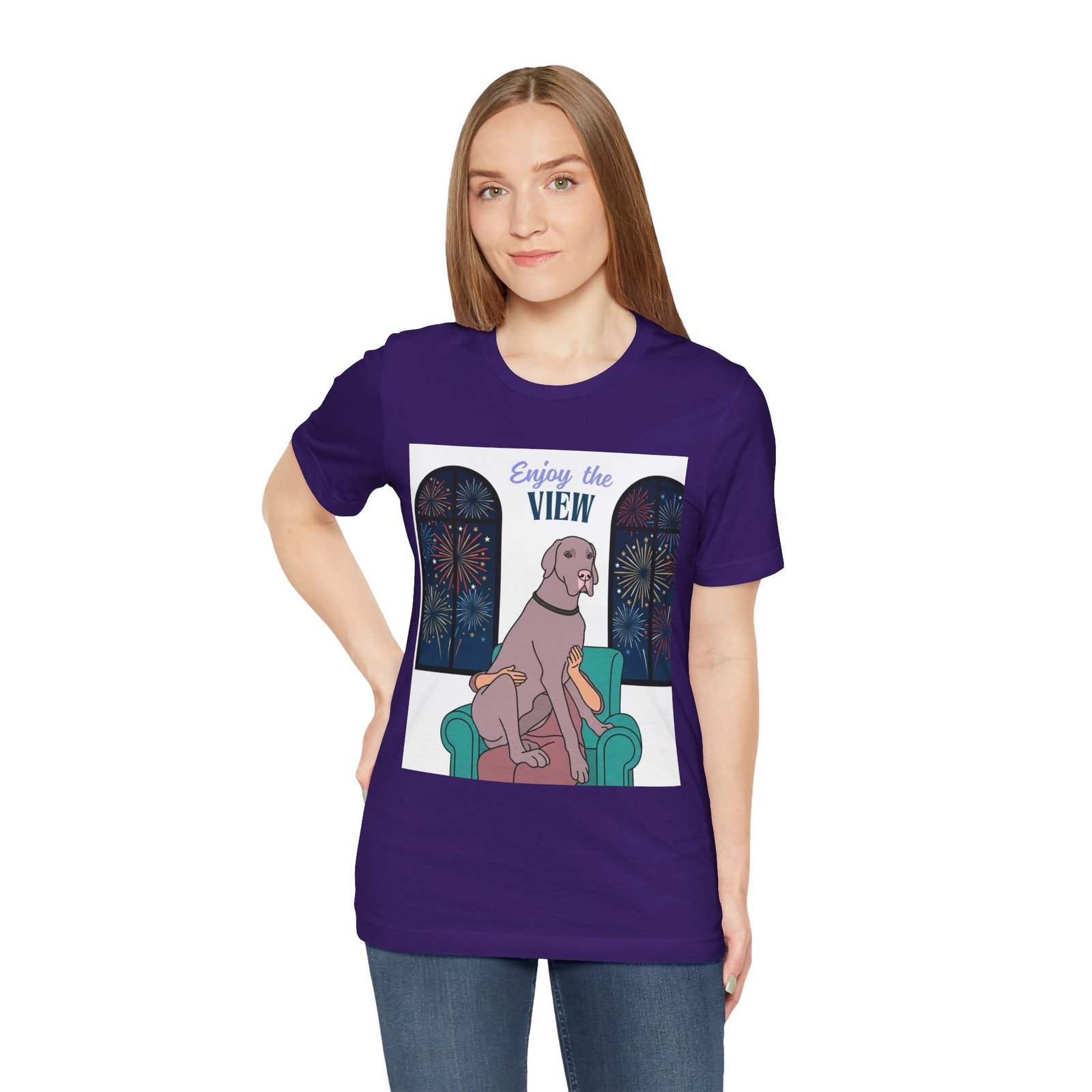 Lilac Great Dane Enjoy the View T-Shirt — Dog Watching Fireworks Graphic Tee - Image 55