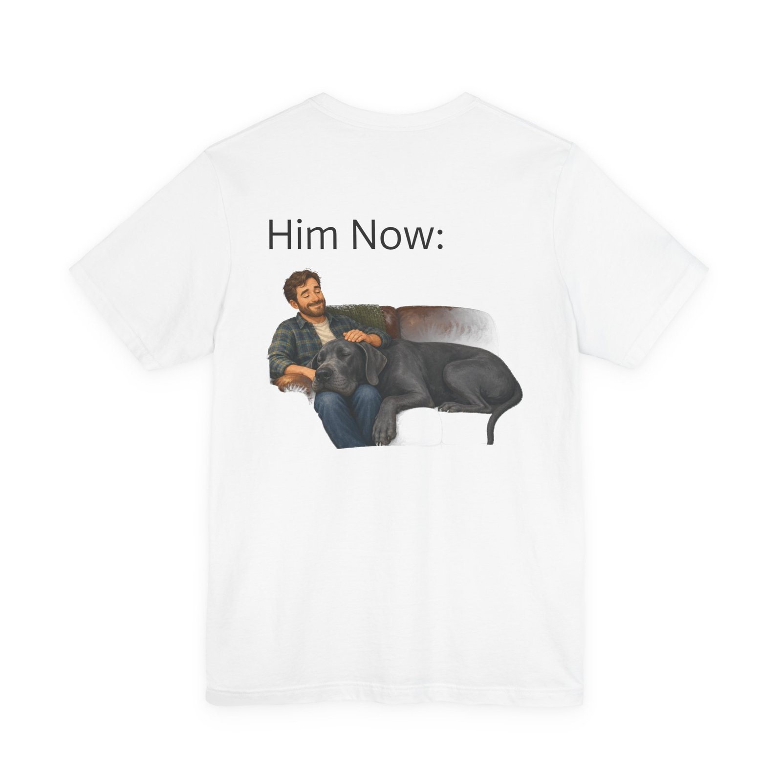 Blue Great Dane T-Shirt — "NO DOGS" Script Front with Man and Dog on Couch Graphic - Image 8