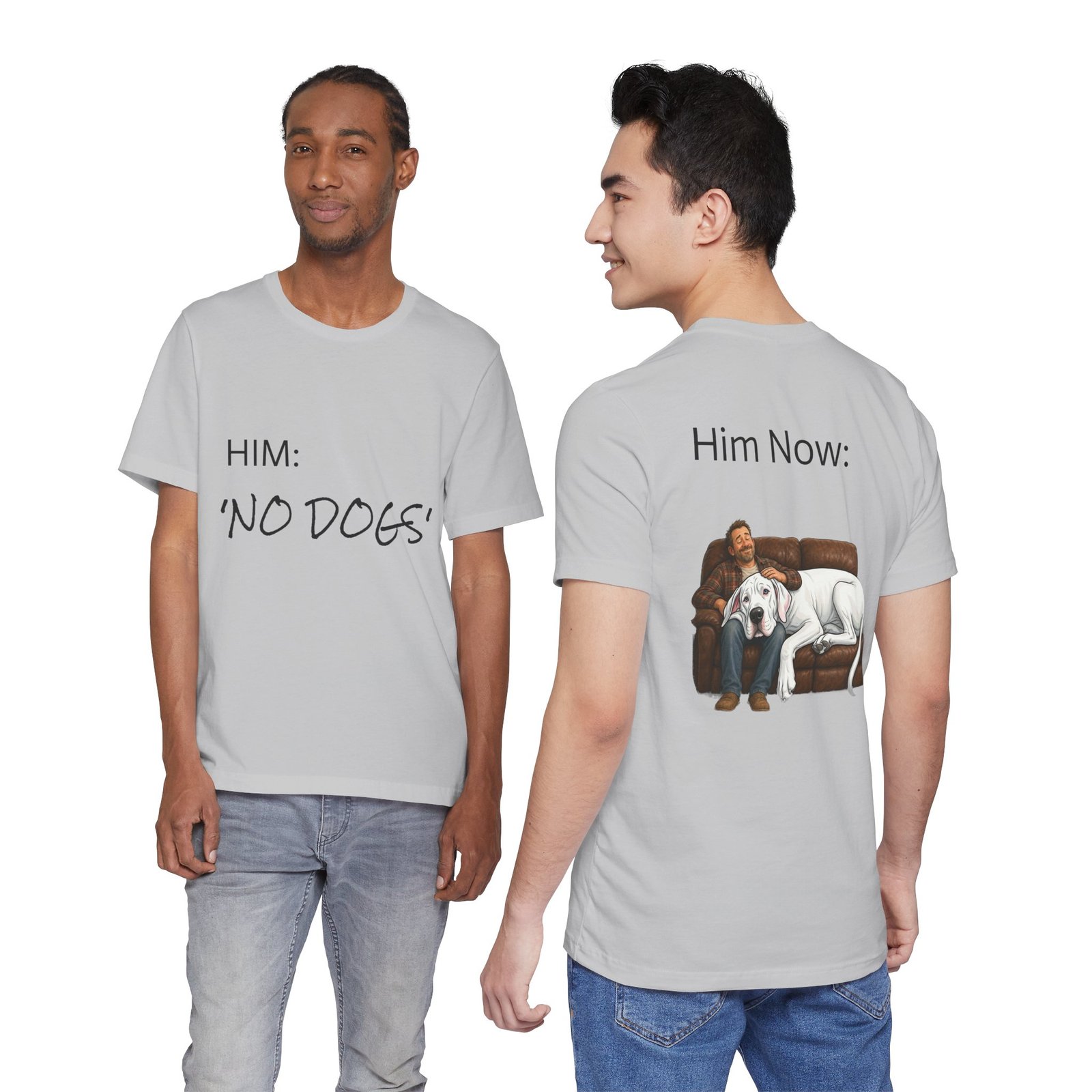 White Great Dane T-Shirt — "NO DOGS" Script Front with Man and Dog on Couch Graphic - Image 41
