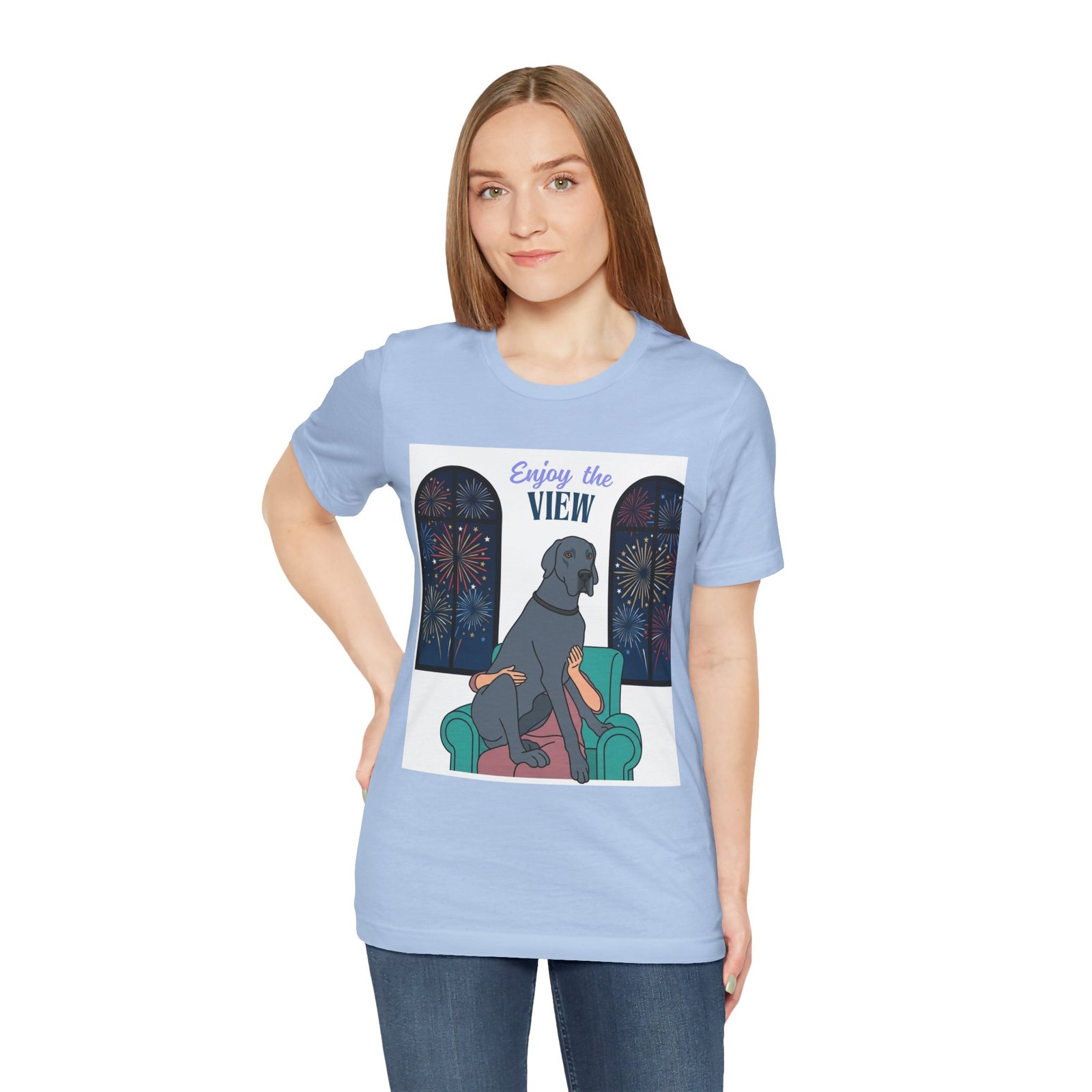 Blue Great Dane Enjoy the View T-Shirt — Dog Watching Fireworks Graphic Tee - Image 40
