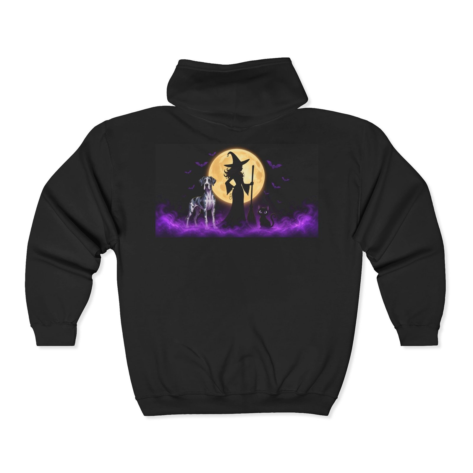 Black & Blue Merlequin Great Dane & Black Cat Witch Full-Zip Hoodie (Up to 3x) Back Printed Med-Heavy — Her Familiars - Image 2