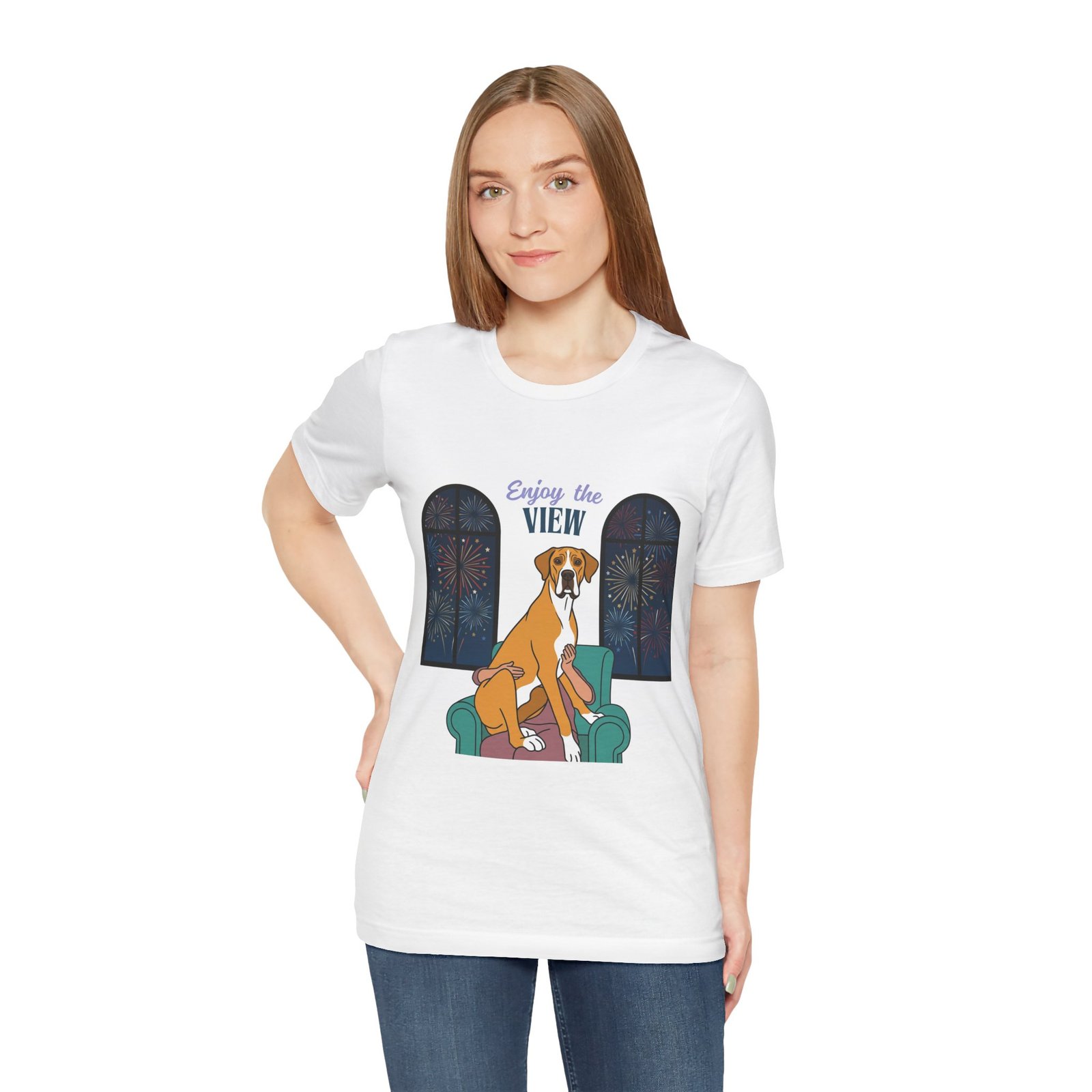 Fawn Mantle Great Dane Enjoy the View T-Shirt — Dog Watching Fireworks Graphic Tee - Image 16