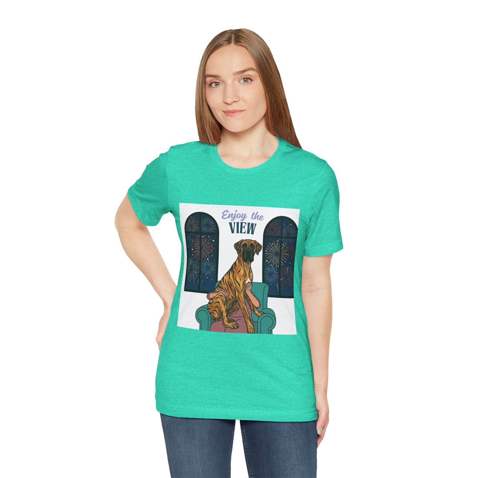 Brindle with white chest marking Great Dane Enjoy the View T-Shirt — Dog Watching Fireworks Graphic Tee - Image 40