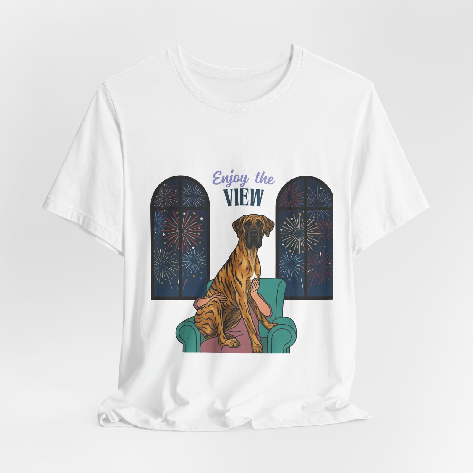 Brindle with white chest marking Great Dane Enjoy the View T-Shirt — Dog Watching Fireworks Graphic Tee - Image 20
