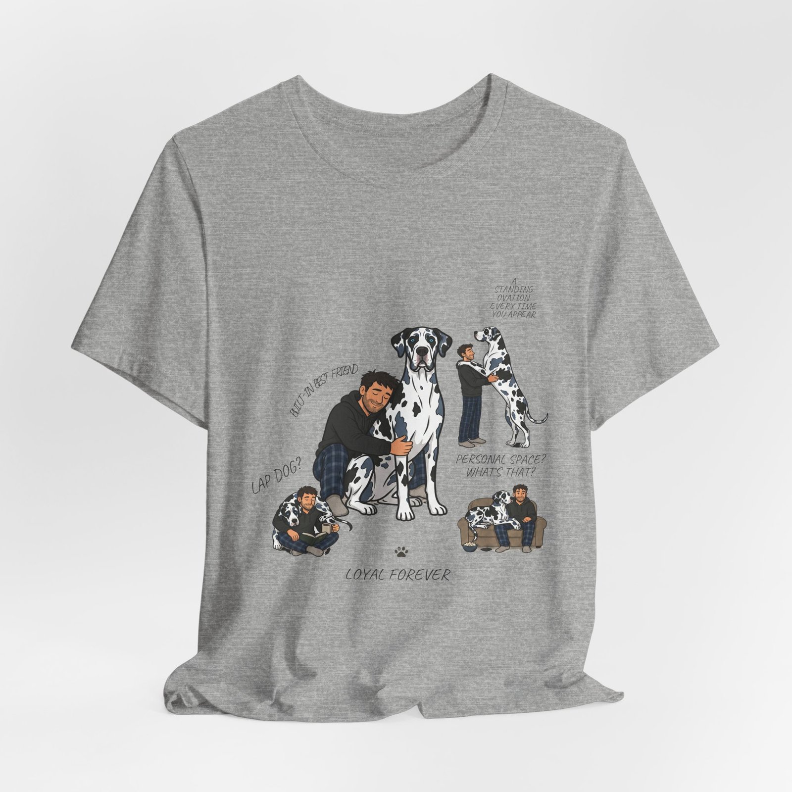Blue and Black Merlequin with blue eyes Great Danes Illustrated Tee — "Men + Great Danes" Graphic T-Shirt - Image 74