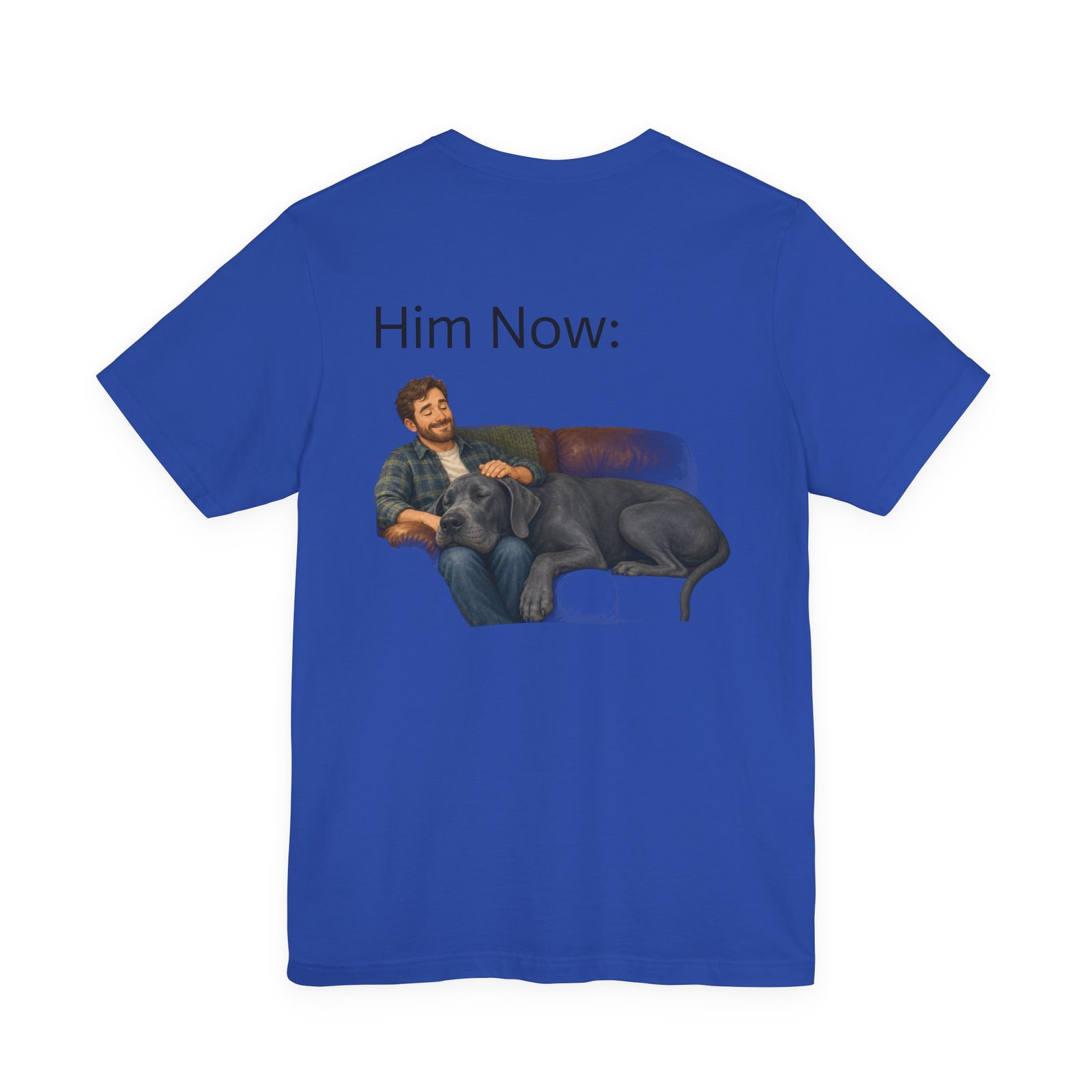 Blue Great Dane T-Shirt — "NO DOGS" Script Front with Man and Dog on Couch Graphic - Image 32