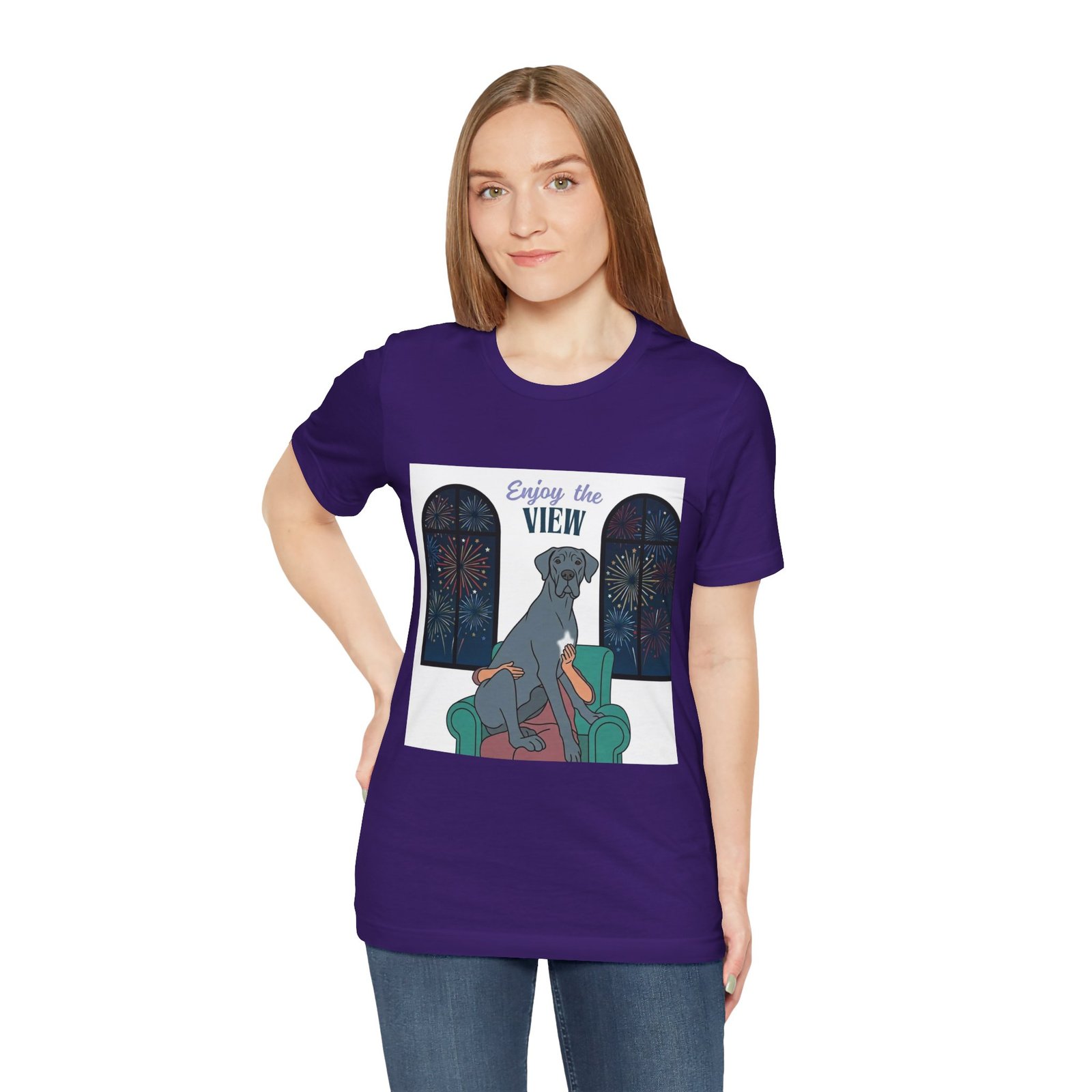 Blue with white chest marking Great Dane Enjoy the View T-Shirt — Dog Watching Fireworks Graphic Tee - Image 50