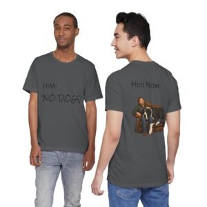 Mantle Great Dane T-Shirt — "NO DOGS" Script Front with Man and Dog on Couch Graphic