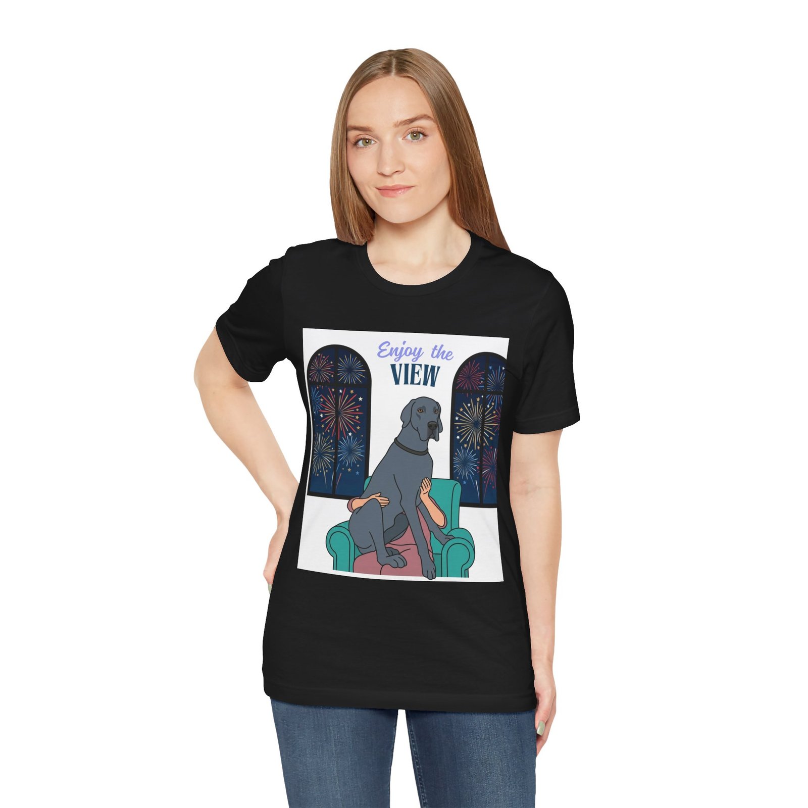Blue Great Dane Enjoy the View T-Shirt — Dog Watching Fireworks Graphic Tee - Image 15