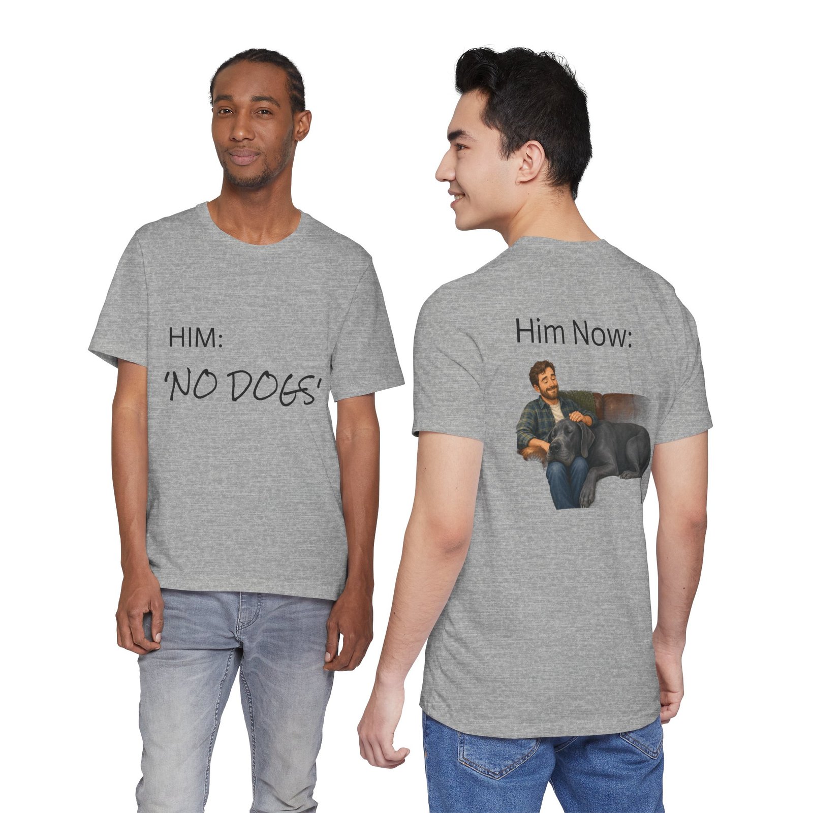 Blue Great Dane T-Shirt — "NO DOGS" Script Front with Man and Dog on Couch Graphic - Image 25