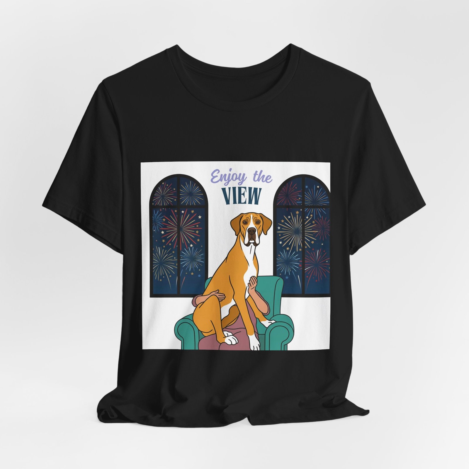 Fawn Mantle Great Dane Enjoy the View T-Shirt — Dog Watching Fireworks Graphic Tee - Image 15