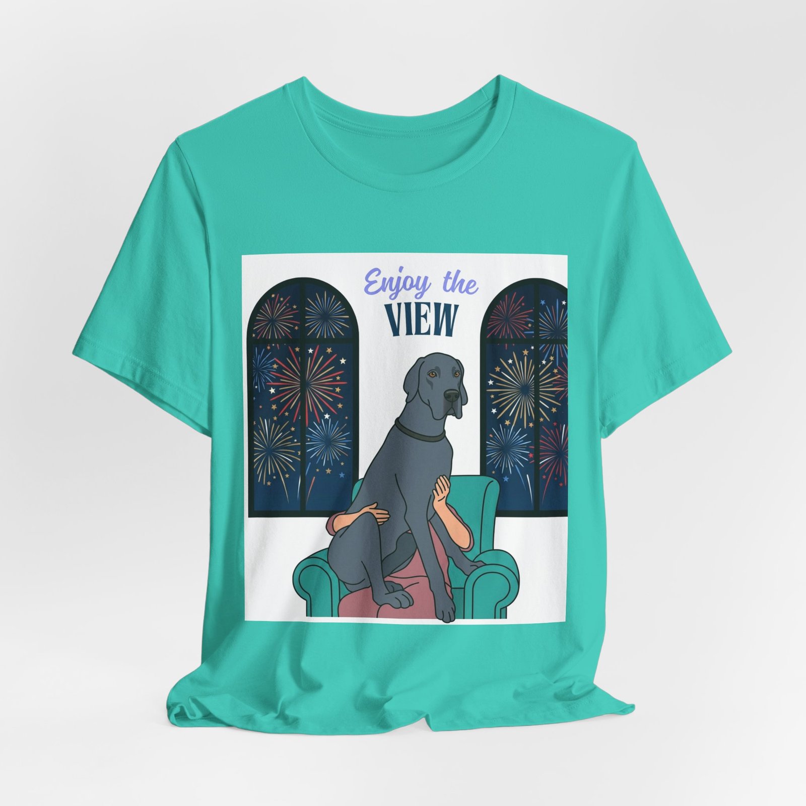 Blue Great Dane Enjoy the View T-Shirt — Dog Watching Fireworks Graphic Tee - Image 5