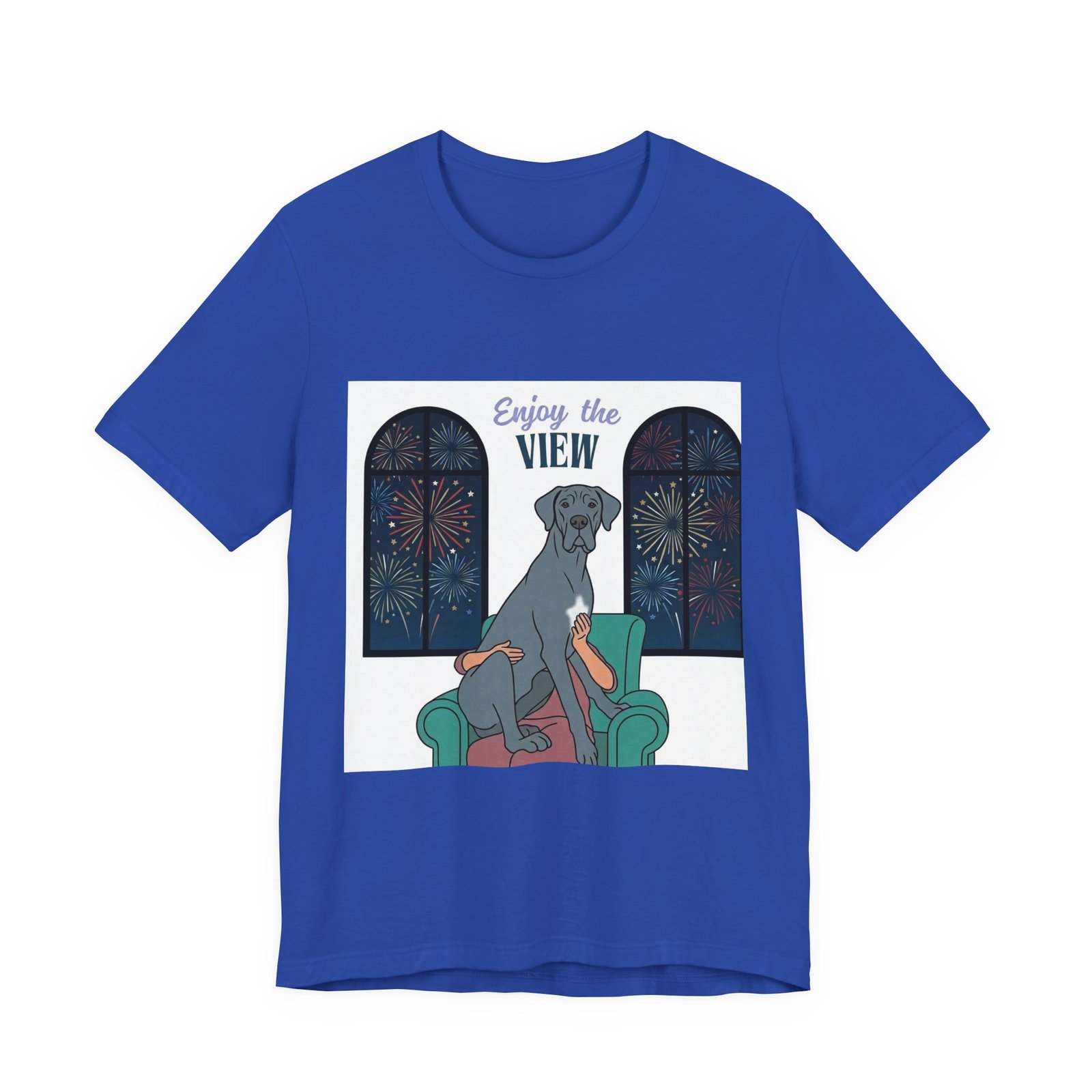 Blue with white chest marking Great Dane Enjoy the View T-Shirt — Dog Watching Fireworks Graphic Tee - Image 2