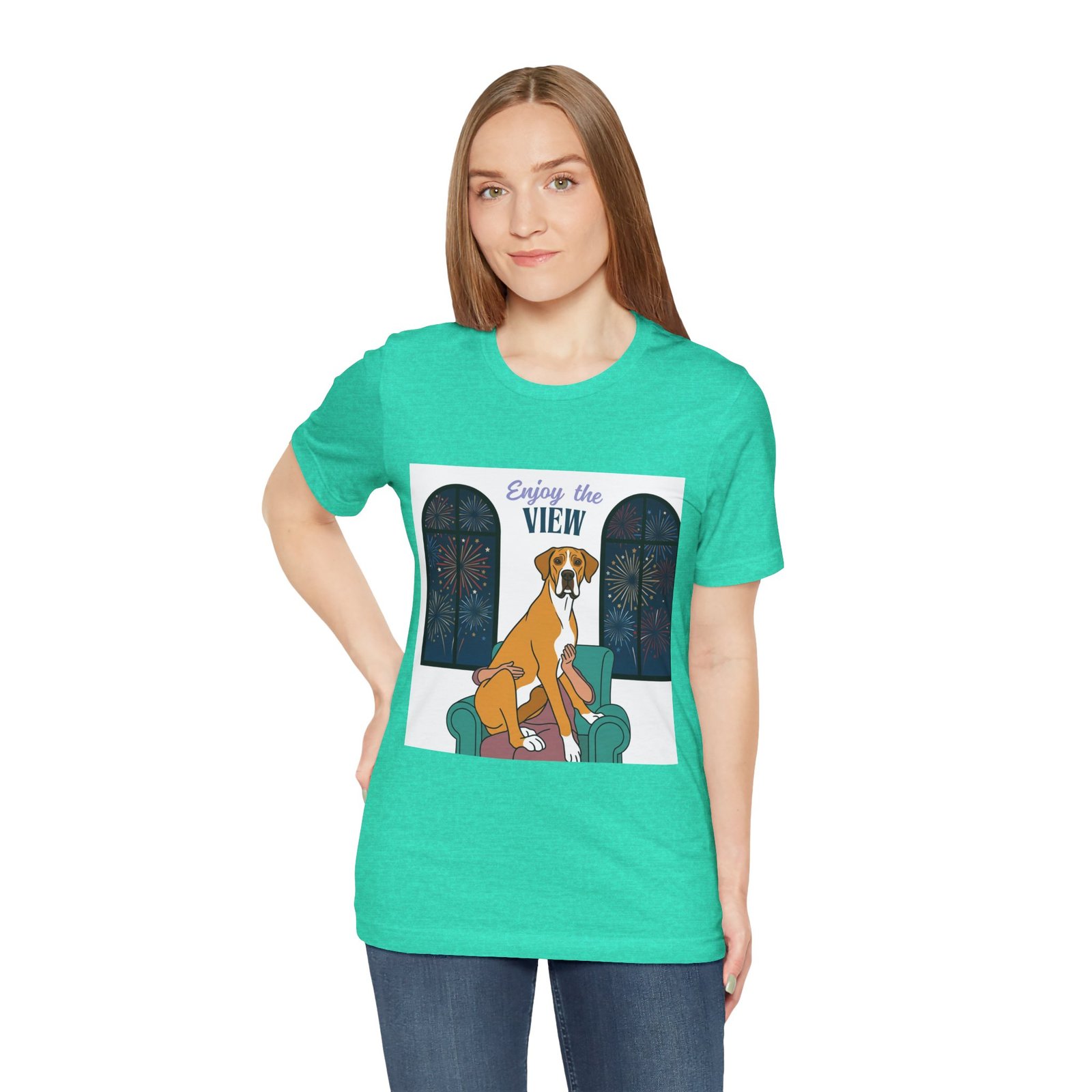 Fawn Mantle Great Dane Enjoy the View T-Shirt — Dog Watching Fireworks Graphic Tee - Image 40