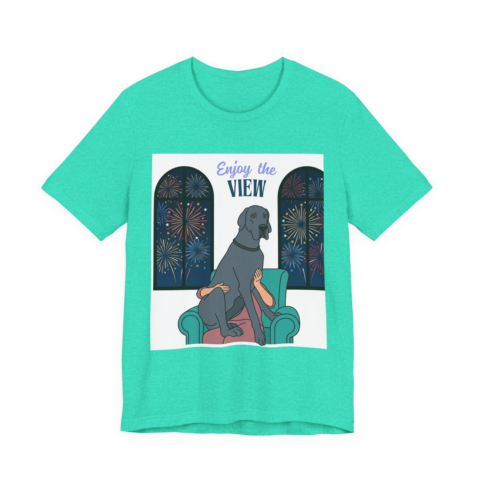 Blue Great Dane Enjoy the View T-Shirt — Dog Watching Fireworks Graphic Tee - Image 26