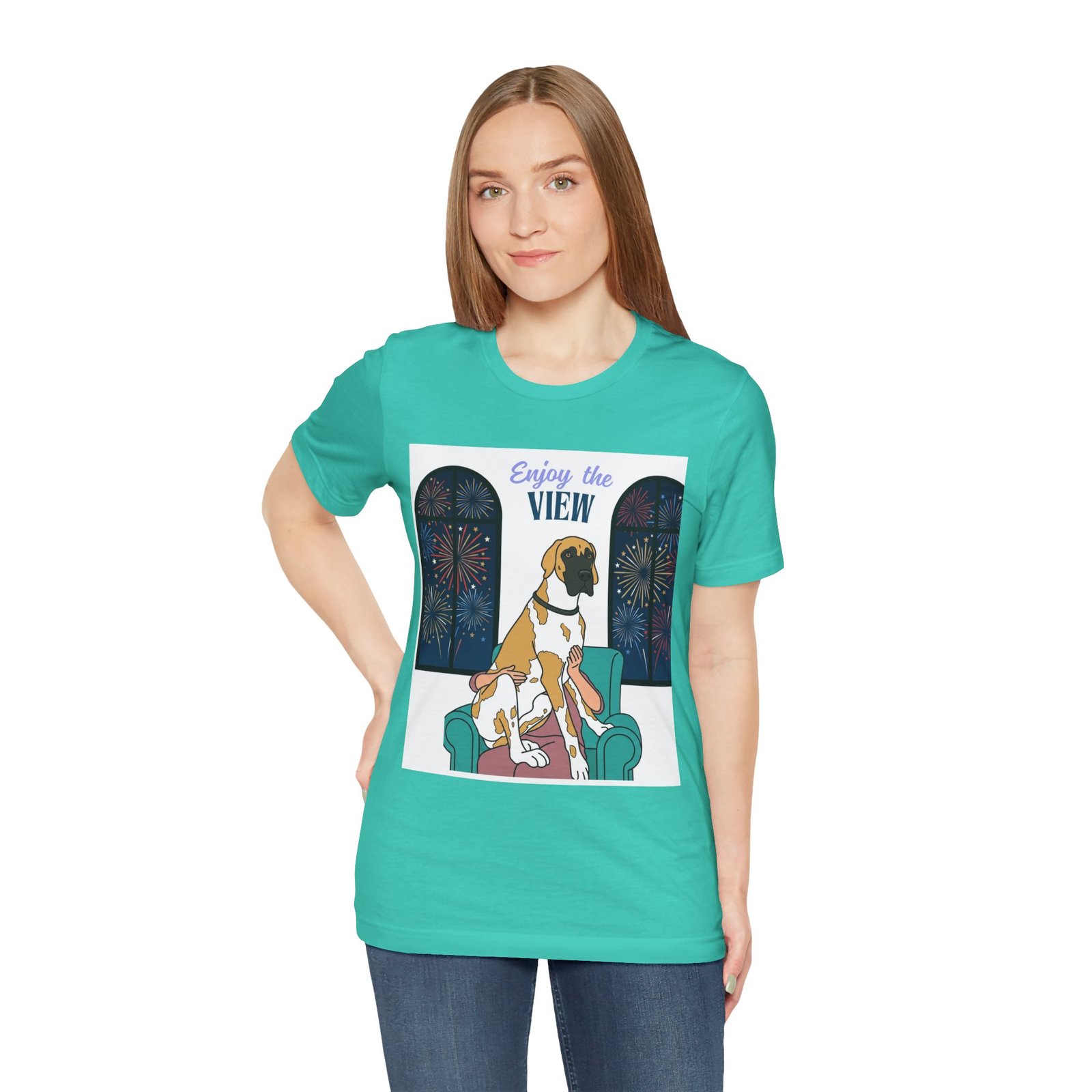 Fawnequin Great Dane Enjoy the View T-Shirt — Dog Watching Fireworks Graphic Tee - Image 30