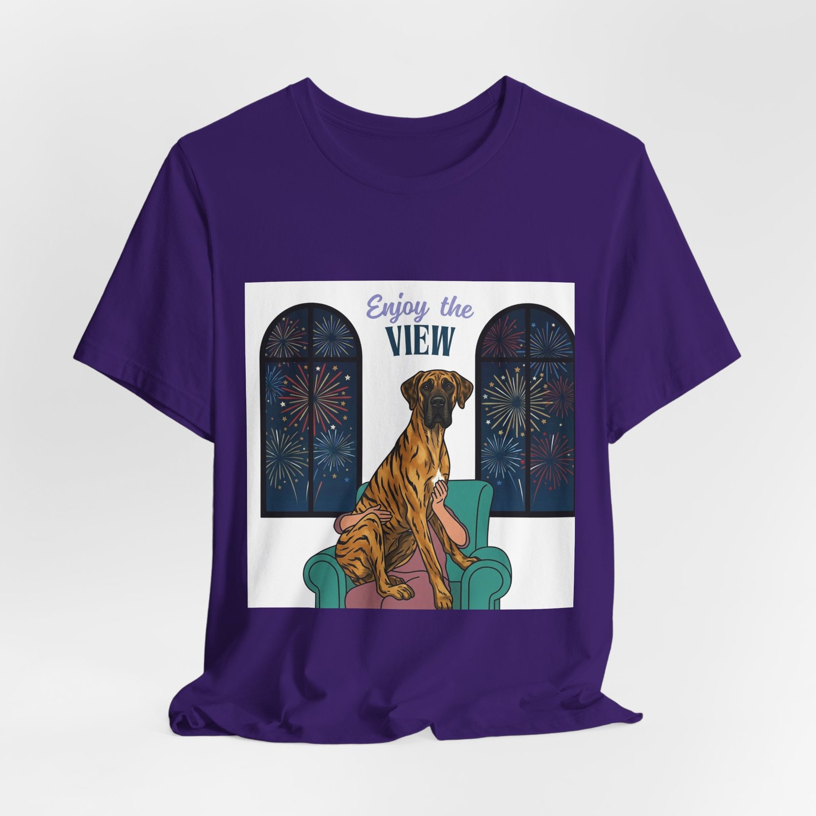 Brindle with white chest marking Great Dane Enjoy the View T-Shirt — Dog Watching Fireworks Graphic Tee - Image 54