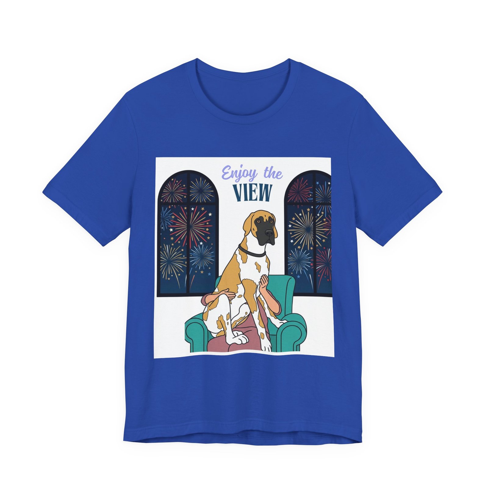 Fawnequin Great Dane Enjoy the View T-Shirt — Dog Watching Fireworks Graphic Tee - Image 46