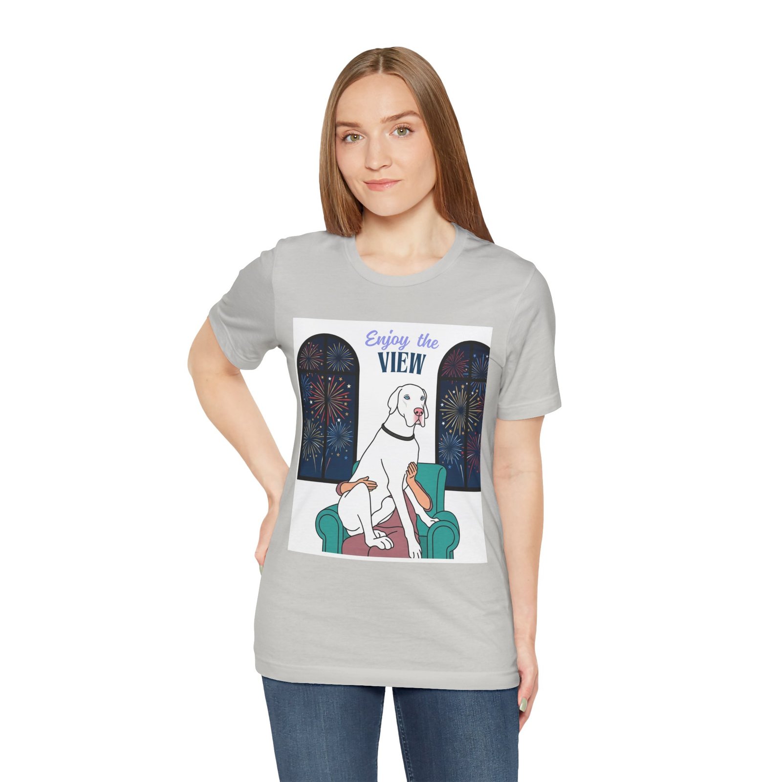 White with Blue Eyes Great Dane Enjoy the View T-Shirt — Dog Watching Fireworks Graphic Tee - Image 25