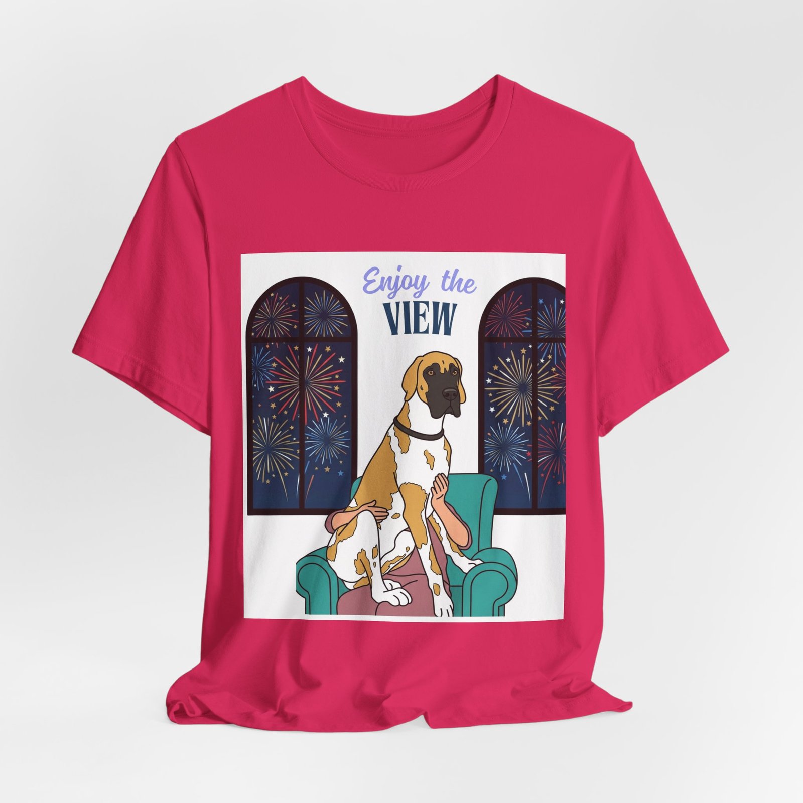 Fawnequin Great Dane Enjoy the View T-Shirt — Dog Watching Fireworks Graphic Tee - Image 5