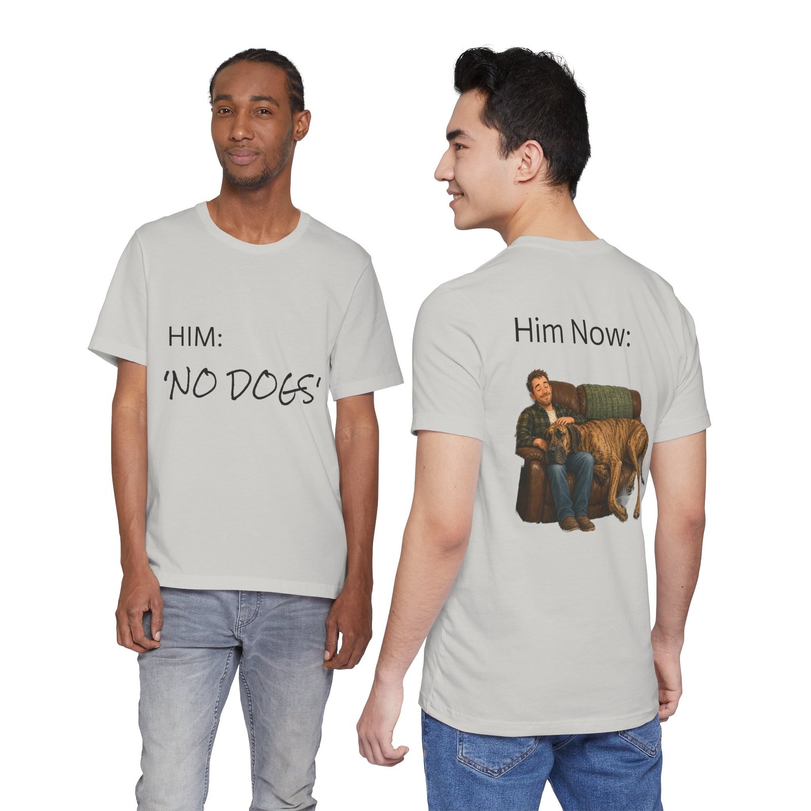 Brindle Great Dane T-Shirt — "NO DOGS" Script Front with Man and Dog on Couch Graphic - Image 11