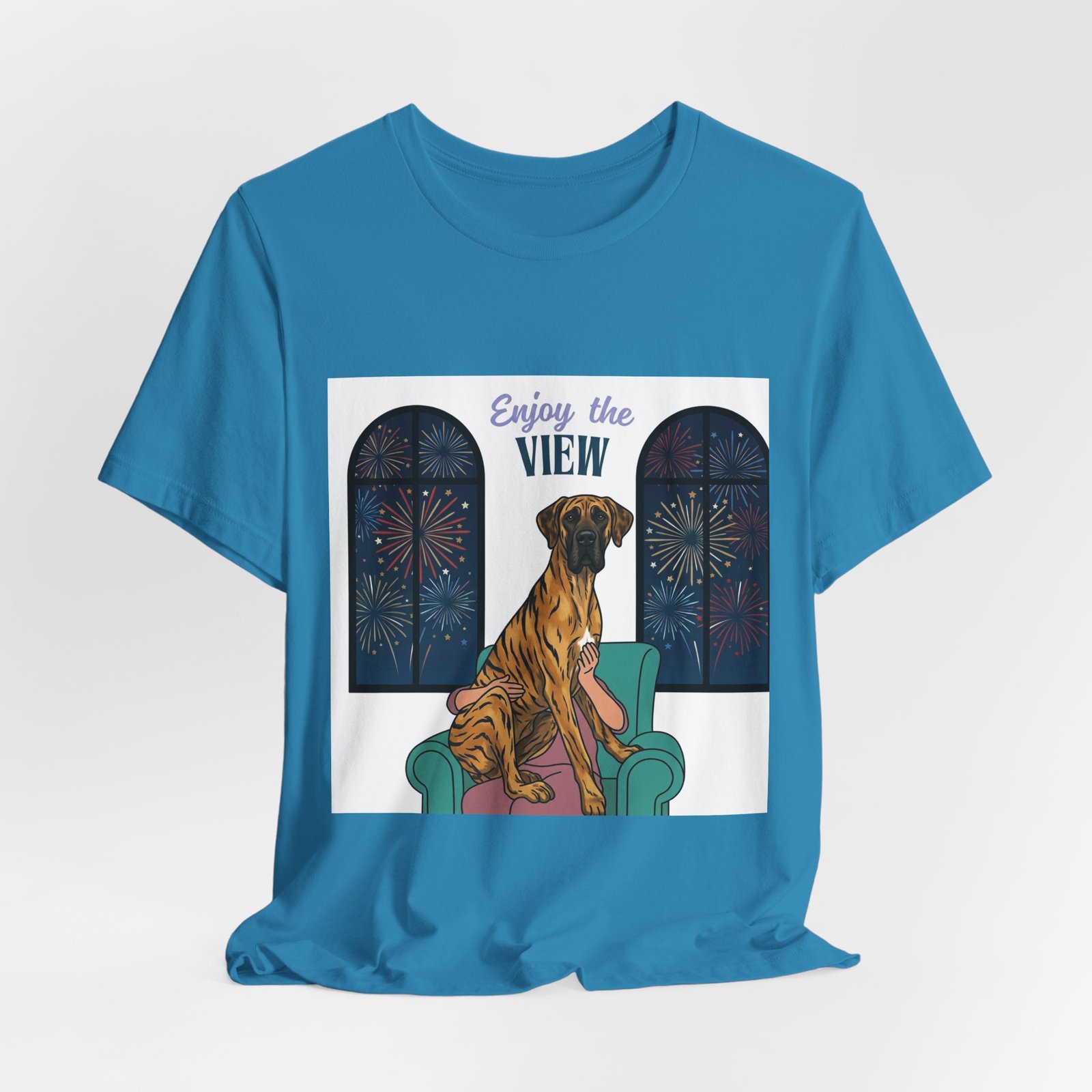 Brindle with white chest marking Great Dane Enjoy the View T-Shirt — Dog Watching Fireworks Graphic Tee - Image 10