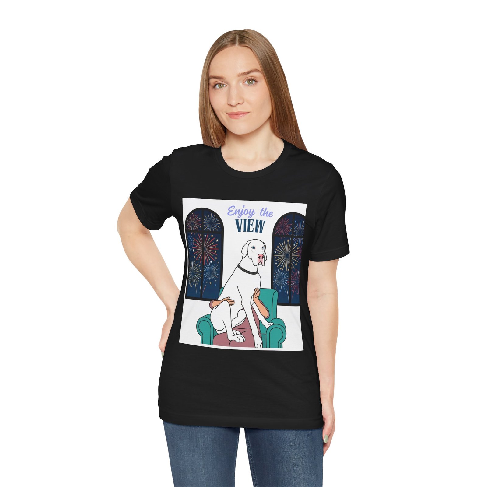 White with Blue Eyes Great Dane Enjoy the View T-Shirt — Dog Watching Fireworks Graphic Tee - Image 11