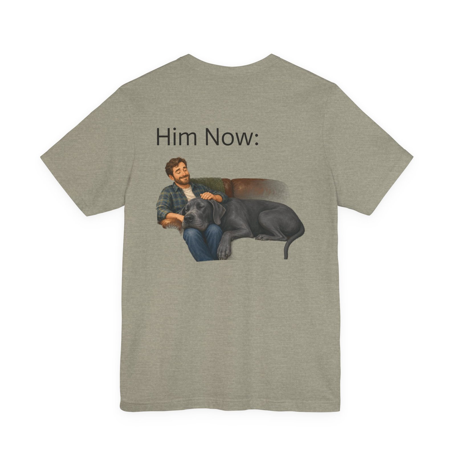 Blue Great Dane T-Shirt — "NO DOGS" Script Front with Man and Dog on Couch Graphic - Image 42