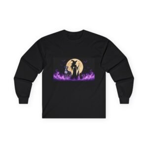 Merlequin Great Dane (up to 5x) Witch Silhouette Moon Long Sleeve Tee — Purple Flame Halloween Shirt