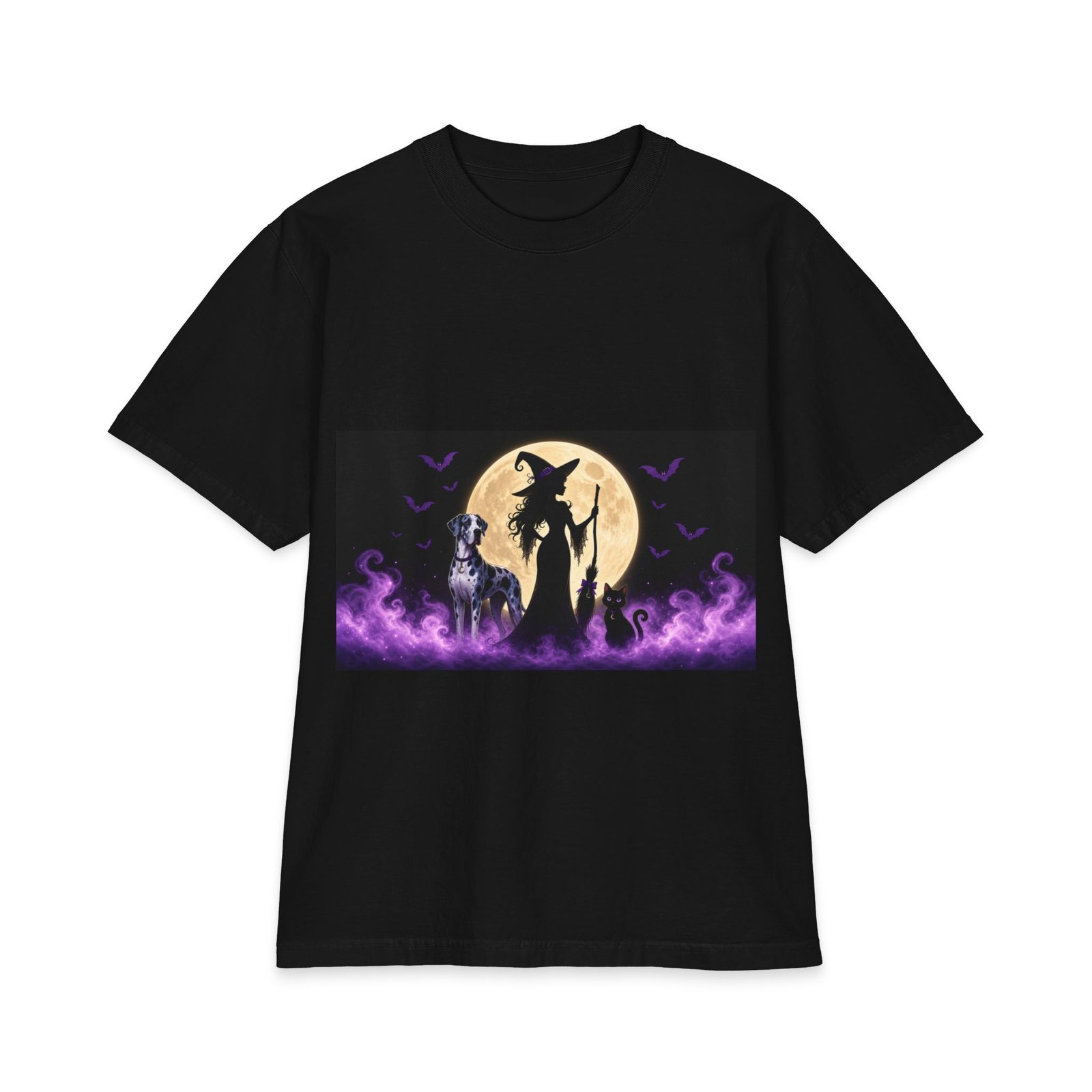 Merelquin Great Dane Her Familiars, up to 7x, Heavy T Shirt, Cat, Witch Silhouette Moon T‑Shirt — Halloween
