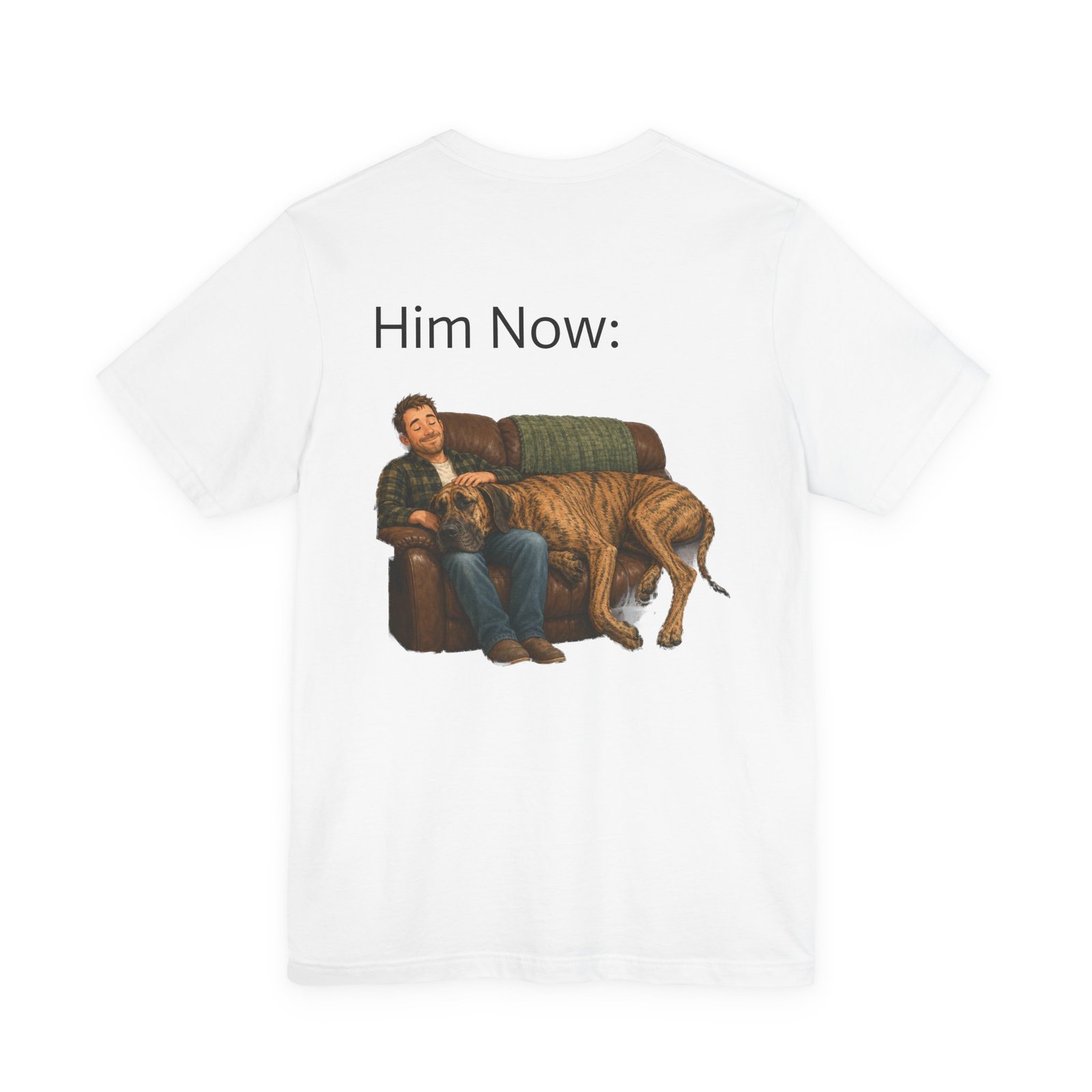Brindle Great Dane T-Shirt — "NO DOGS" Script Front with Man and Dog on Couch Graphic - Image 18