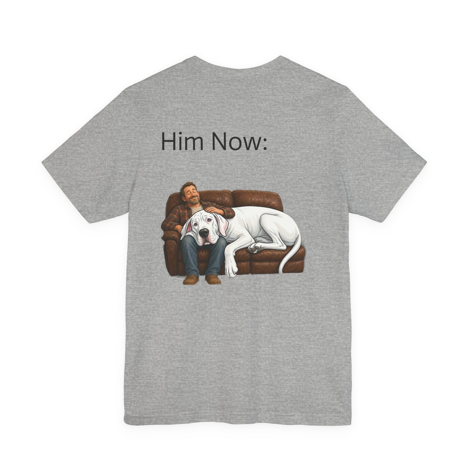 White Great Dane T-Shirt — "NO DOGS" Script Front with Man and Dog on Couch Graphic - Image 18