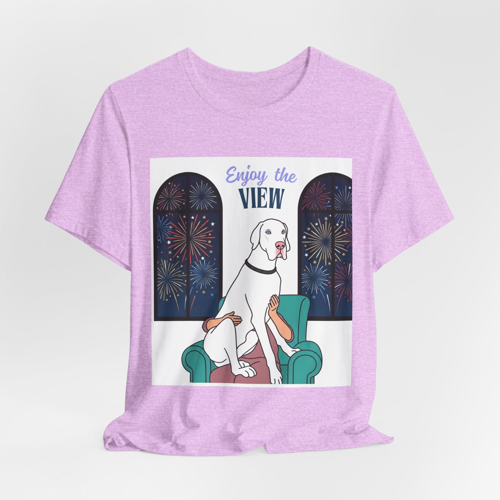 White with Blue Eyes Great Dane Enjoy the View T-Shirt — Dog Watching Fireworks Graphic Tee - Image 54