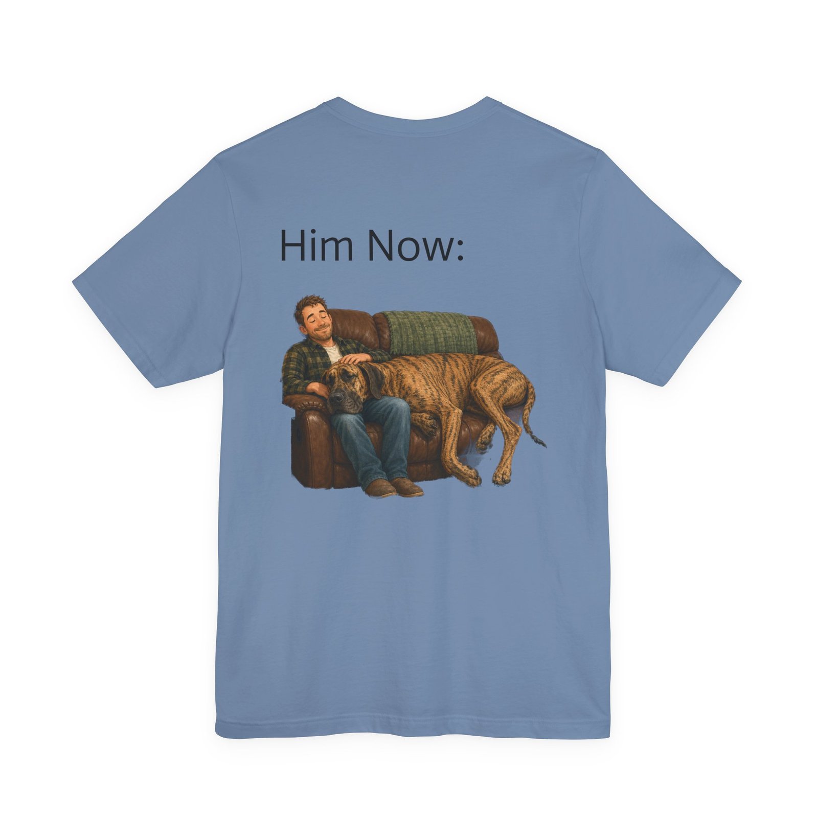 Brindle Great Dane T-Shirt — "NO DOGS" Script Front with Man and Dog on Couch Graphic - Image 8