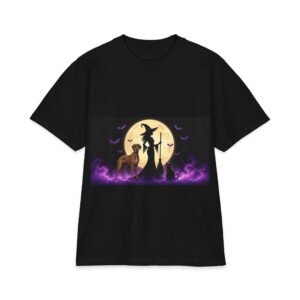 Brindle Great Dane Her Familiars, up to 7x, Heavy T Shirt, Cat, Witch Silhouette Moon T‑Shirt — Halloween