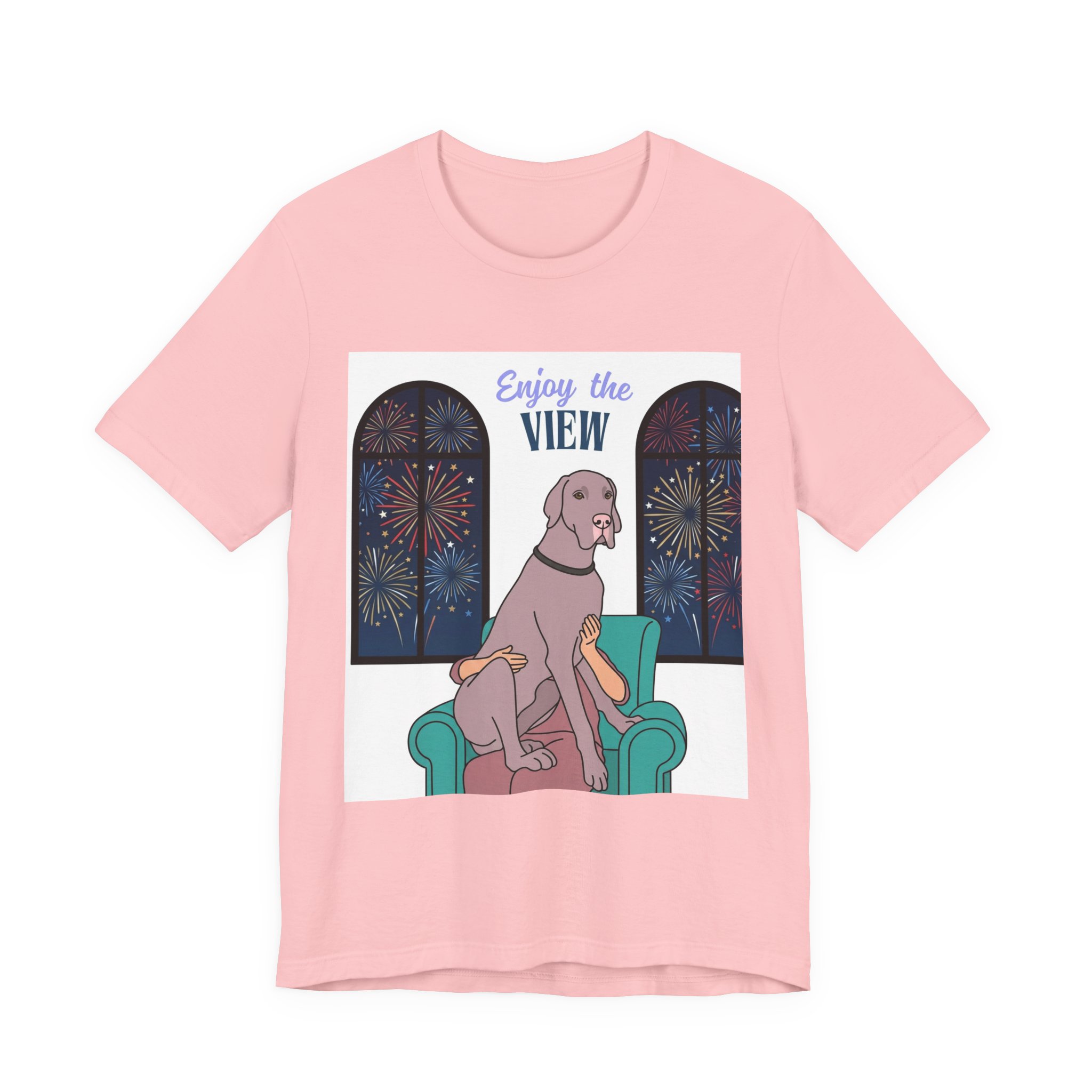 Lilac Great Dane Enjoy the View T-Shirt — Dog Watching Fireworks Graphic Tee - Image 2