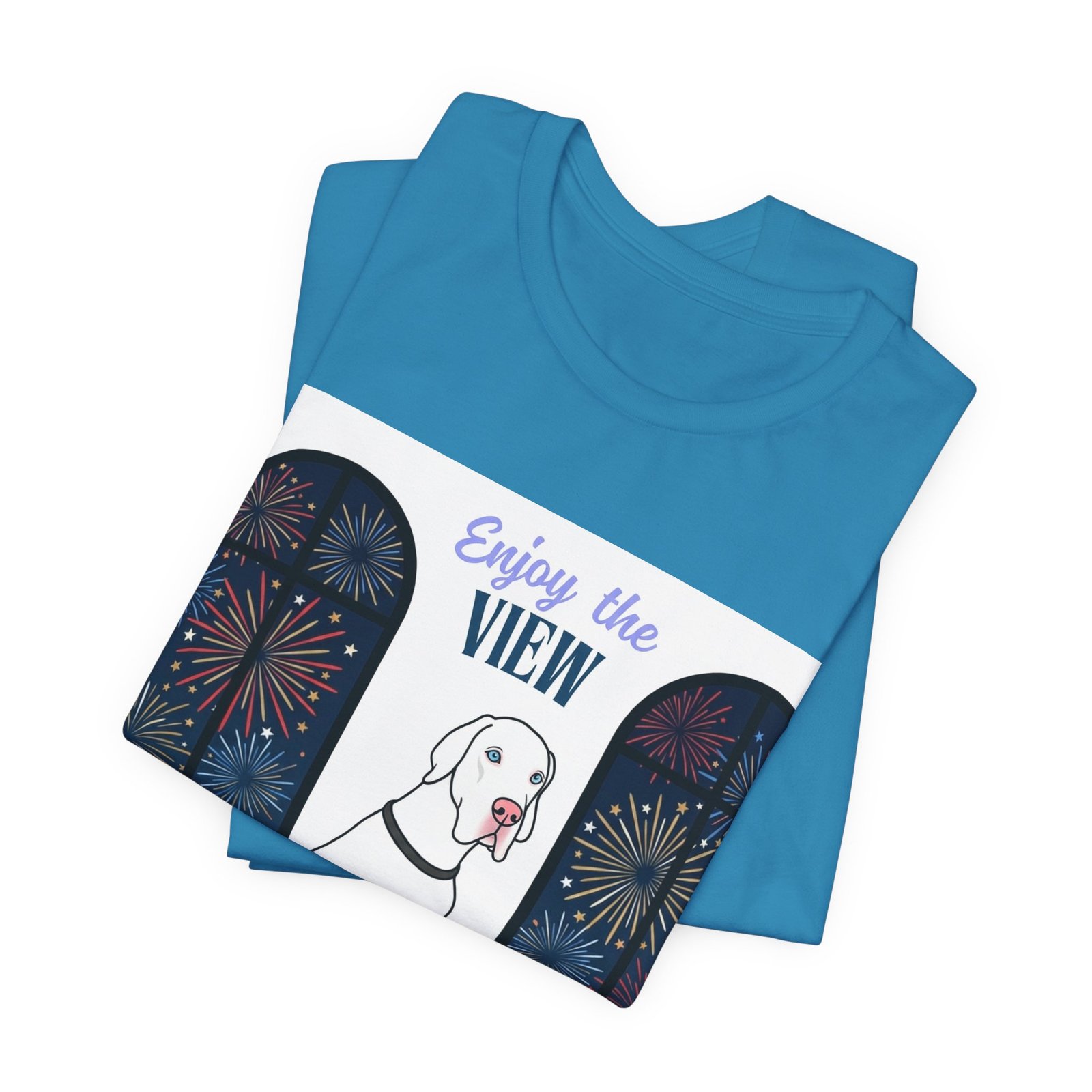 White with Blue Eyes Great Dane Enjoy the View T-Shirt — Dog Watching Fireworks Graphic Tee - Image 9