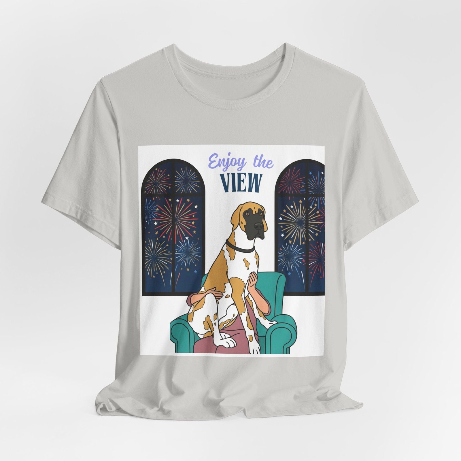Fawnequin Great Dane Enjoy the View T-Shirt — Dog Watching Fireworks Graphic Tee - Image 24